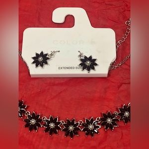 Black Bead Flower necklace with pearl like bead in center silver colored chain